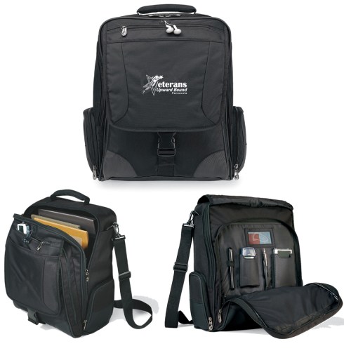 Multi-functional, sporty portfolio converts to a backpack for more versatility Front zippered pocket with outlet for MP3 player ear phones Large snap buckle conceals zippered mesh pockets and organizer complete with molded pen loop (pen not included), cell phone pocket, and PDA case Padded computer sleeve (fits most 17" laptops) with accessory pockets Removable accordion file dividers for traveling ease Side zippered pockets for added storage Adjustable, removable padded shoulder strap Back zippered pocket holds backpack straps and pebbled trim conceals backpack hardware Padded back support and grip handle Exclusive patented product