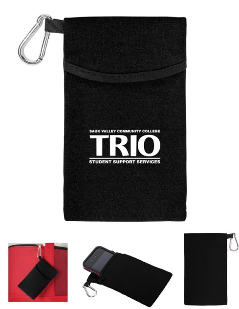 Cushy bold color polyester and foam blend material case with black piping accent and attached shiny and silver carabiner. Universal size to accommodate all phones, Fits compactly in all bags, purses, and pockets.