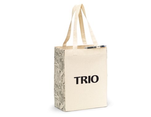 All-purpose cotton tote bag adds style to any shopping excursion Large capacity tote with sturdy 24" shoulder straps Pen loop Machine washable