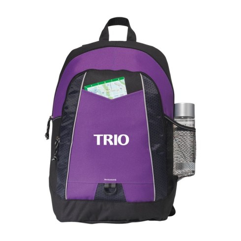 Sporty design and bold colors make this an eye-catching pack Large main compartment Front zippered pocket with organizer Side mesh pocket for water bottle (water bottle not included) Front D ring for keys or carabineer Adjustable, padded shoulder straps and top grab handle Front pocket