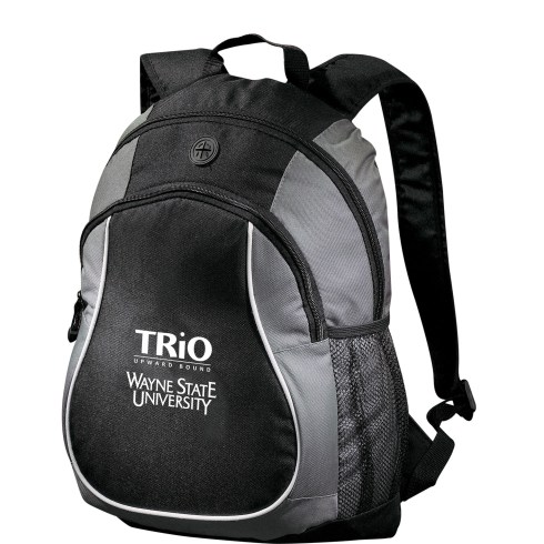 Large zippered main compartment with headphone port. Zippered front pocket. Side mesh water bottle pockets. Padded back panel. Padded, adjustable shoulder straps.