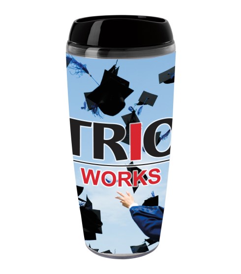 Full color wrap imprint included Translucent or opaque printing Double-wall insulation Great for hot or cold beverages Push-on slider lid