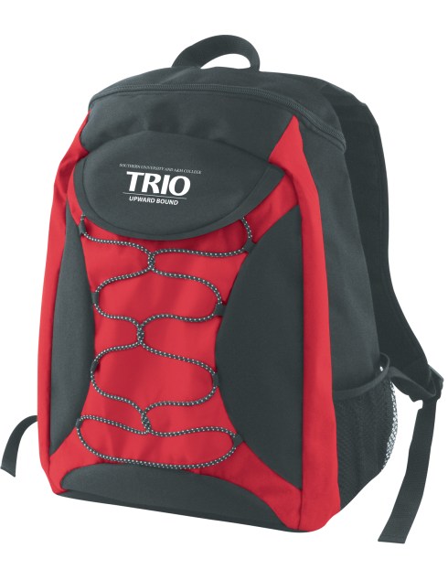 600D Polyester, Zippered main compartment, Mesh pocket on the side, Elastic rope, Padded adjustable straps.