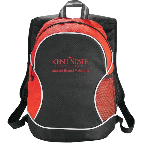 Zippered main compartment. Front zippered pocket with interior organization. Side mesh pocket. Padded, adjustable shoulder straps.