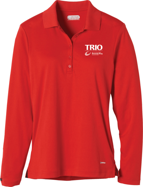 Classically styled long-sleeve polo with flat knit collar features contrast inner V-notch side slits with ?X?-shaped bartacks for durability. This crossover style is available in four colors. 