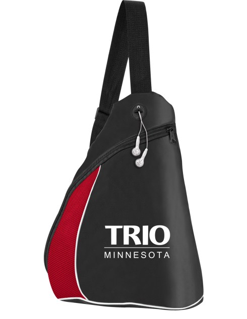 Durable 420D black polyester sling daypack with non-PVC backing material. White piping accent with bold color air mesh insert. Large zipper main compartment with small inner pocket, rubber ear bud port, and black web adjustable shoulder strap. 4" Gusset.