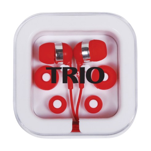 In-ear headphones in compact square ABS plastic case. Headphones made of PU plastic cord with silicone earbuds and are approx. 31”L. Includes 3 different sized interchangeable buds for the most comfortable fit for your ear [Ear bud sizes: 0.39" (0.9cm), 0.43" (1.1cm), 0.47" (1.2cm)] Cord wraps around the case to keep from tangling when not in use. Note: Printing available on case only.