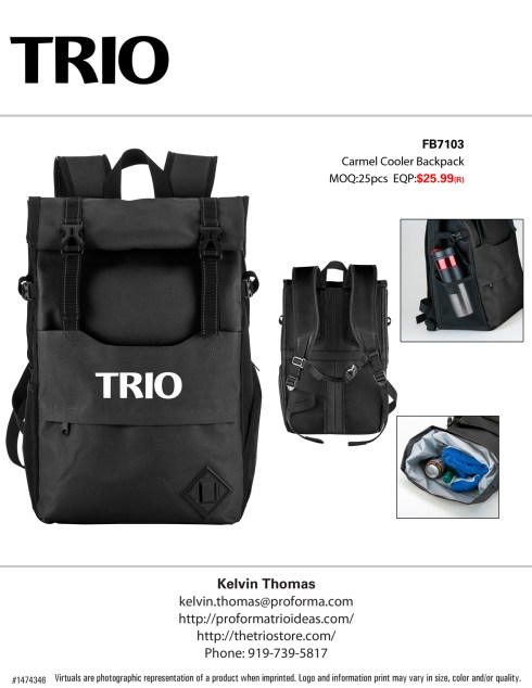 600D Roll Top Cooler Backpack. Features A Leak Resistant And Heat Sealed Peva Insulated Interior; Open Front Compartment With Mesh Organizational Pockets; Front Zippered Compartment; Mesh Side Pocket For Bottles; Zippered Side Pocket; Compression Straps; A Roll Top Lid With Snap Buttons And Buckle Closure; And Padded Adjustable Straps With Sternum Strap. - See more at: http://www.swedausa.com/en_us/product/carmel-cooler-backpack-0#sthash.fbmCC3yo.dpuf