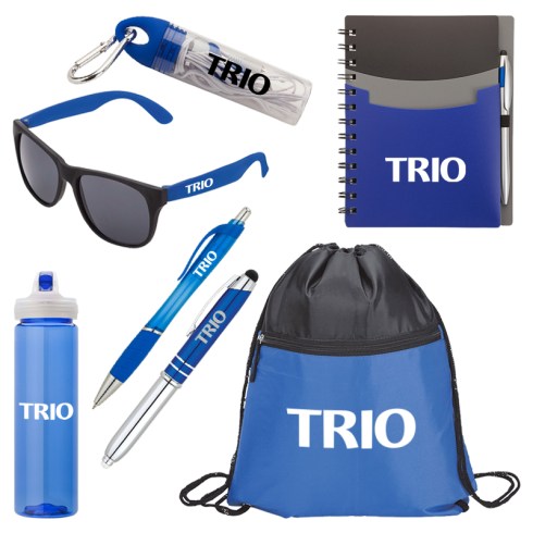 The seven-piece Yes Kit includes a drawstring sport bag with zippered pocket, 25 oz. USA-made PET bottle with flip spout, fashion sunglasses, 80 page spiral notebook with pockets and matching twist-action ballpoint stylus pen, aluminum cap off ballpoint pen with LED light and capacitive stylus, stereo earbud headphones, and a plunge-action ballpoint with hourglass barrel design and rubber grip.