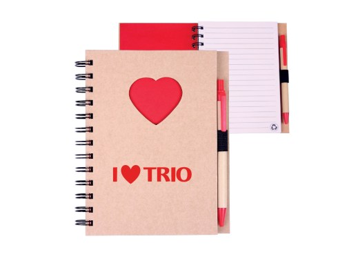 Recycled hard cover wire-bound notebook with die cut heart cover design. Includes 80 lined sheets of 100% post consumer recycled paper with an elastic pen loop and matching recycled black ink pen (with red plastic clip and trim). Cover is made of 80% post-consumer recycled materials, metal spiral binding is made of 90% post-consumer recycled materials, and pen barrel is made of 100% post-consumer recycled paper. NOTE: Optional pen imprint available, additional fees apply. Orders with imprinted pens ship with jotters and pens separately.