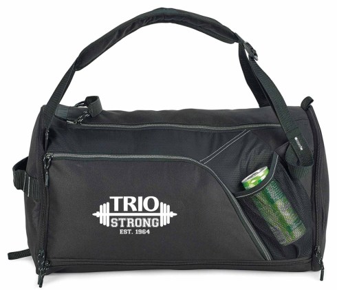 Easily converts from a duffel bag to a backpack Adjustable, padded backpack straps also act as top grab handles Front zippered pocket Dual zippered top main compartment Dual side zippered pockets Mesh water bottle pocket Bottom zippered pocket Locker loop for ease and convenience